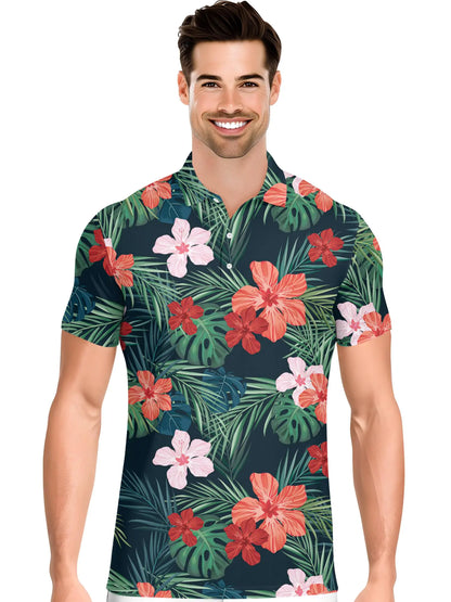 PAGYMO Golf Shirts for Men Crazy Hawaiian Print Funny Mens Polo Shirt Aloha Floral Shirt 3X-Large Aop-polo-70199